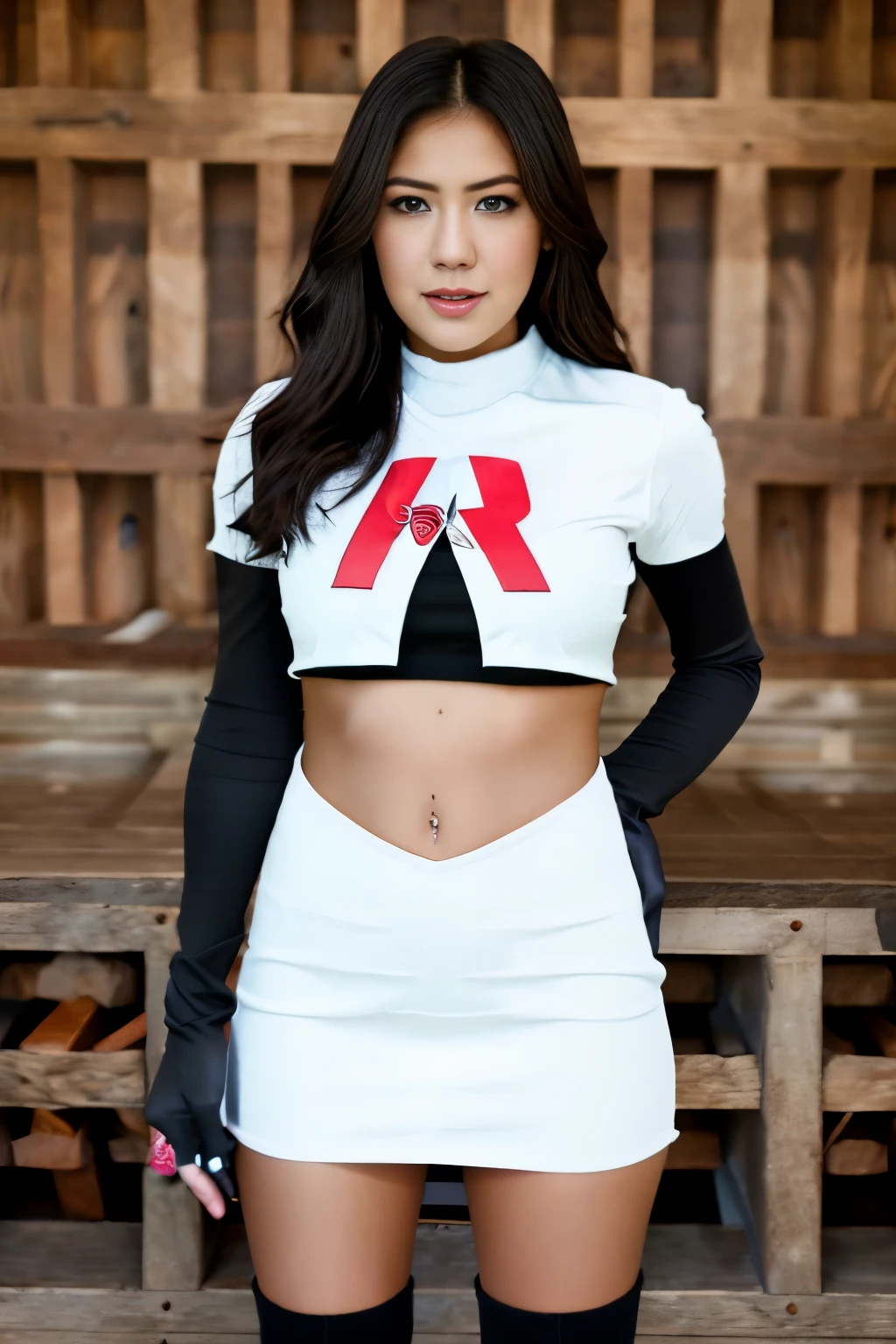 Realistic portrait of a beautiful k4t3upt0n woman wearing team rocket,team rocket uniform,white skirt,red letter R,crop top,black thigh-highs,black elbow gloves,