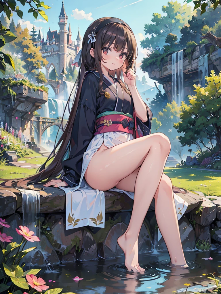 photo realistic, (masterpiece,best quality:1.4),(8k,raw photo,photo realistic:1.2), detailed skin, detailed face, ((1girl)), idol, cute face, , Not Safe for Work, (raw photo, photo realistic: 1.2),ALL Nudi-ty, nudi, kimono skirt, (((NO panties))),nipp-les, Open twat, anus, went, (((hair of pubis, Not safe for work))), pubisure, ((long hair)), light brown hair, brown eyes, straight hair, little girlld, petite, cute, happy, medium breasts, small nipp-les, (((sitting spread legs))), (hairband), heart shaped pupils, medium bob, yumekawa,yumekawaii,pastel color,(wonderland garden:1.3),rainbow waterfall,dripping ink,imagination,(Castle:1.4),