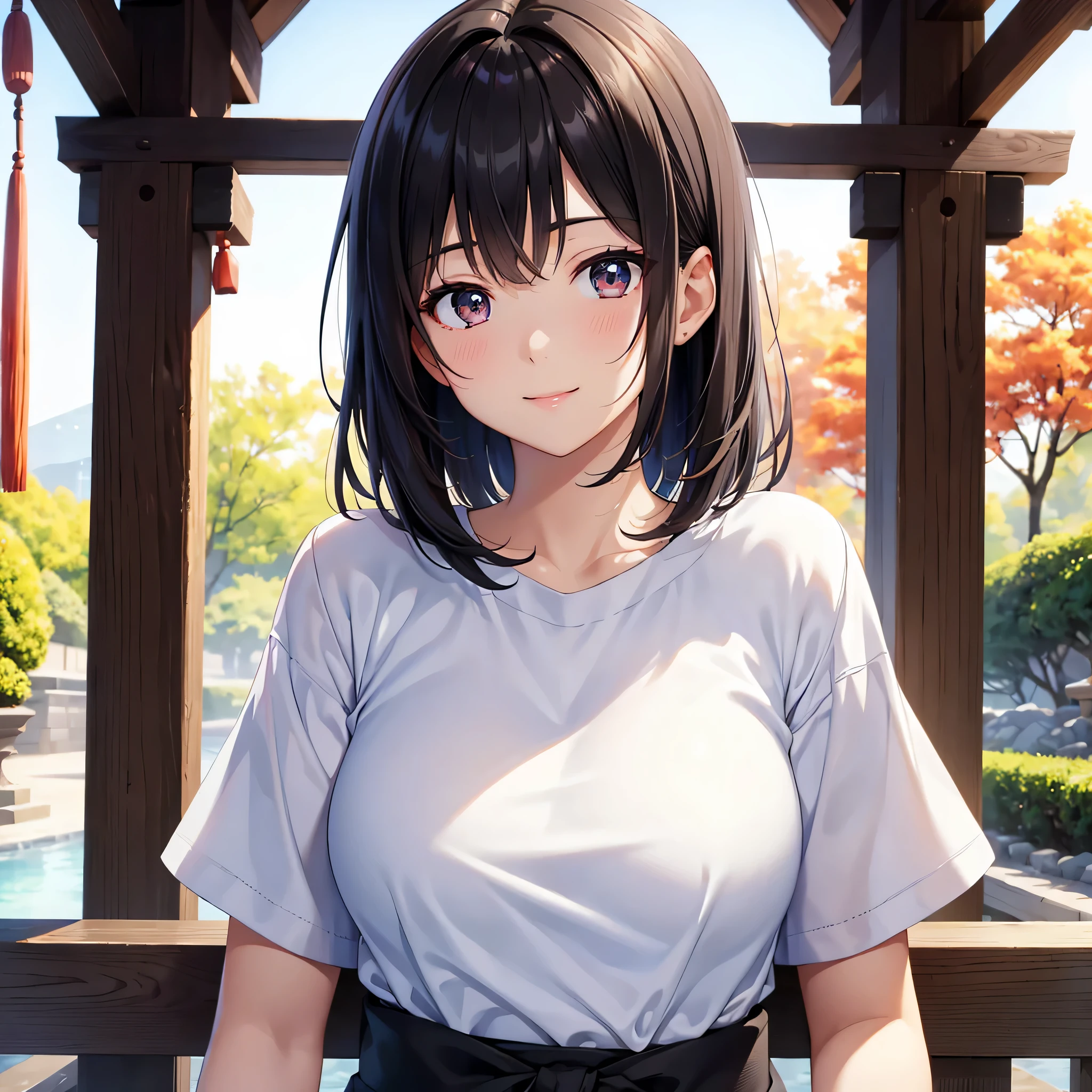 one beautiful woman、((highest quality、8K masterpiece:1.3))、sharp focus:1.2、(super beautiful face:1.0)、(shiny skin:1.0)、realistic pictures、black hair、video writing、High resolution eyes and face、video writing、japanese actress、from the front、Medium chest、shy smile、The beauty of slender abs、whole body、Kanji for Japan「kind」wearing a t-shirt、At the shrine