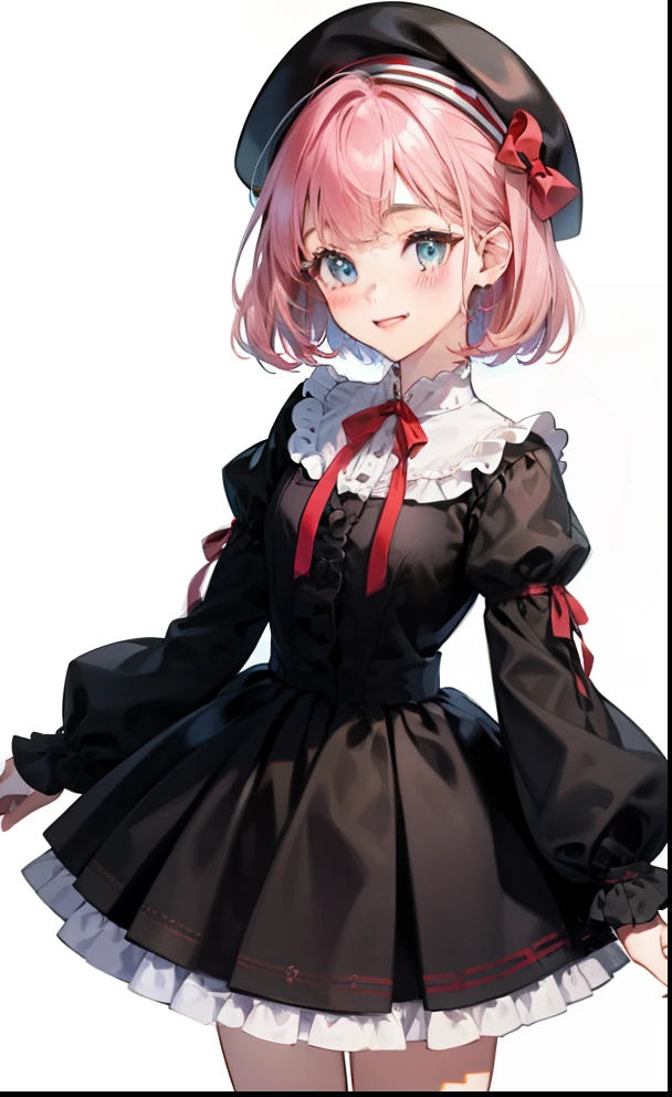 girl、white background、no background、pink hair、shortcut、medium hair、Contrasting bangs、black dress、black dress、red ribbon、frills、beret、赤いberetを被っている、blush、smile、cute、no background