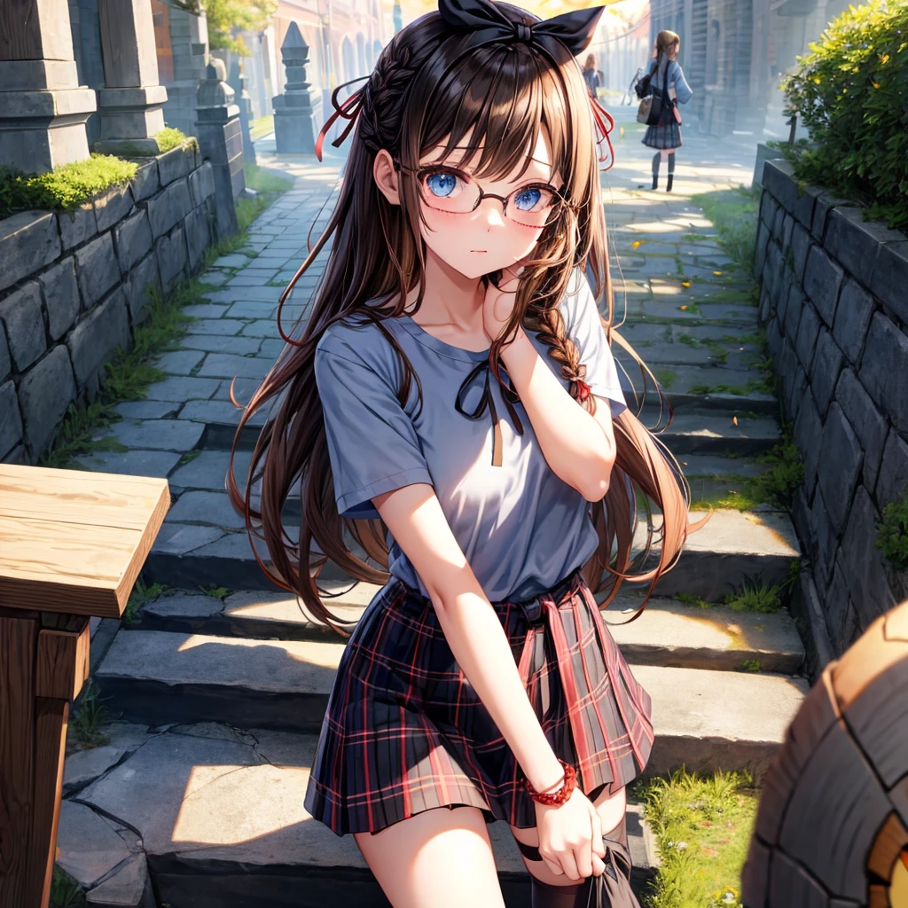 black brown hair、Red-blonde、blue eyes、Braid、one good looking girl、solo、anime、Plaid miniskirt、camisole、black t-shirt、Tilting your face、Doing the ribbon、Ribbon at waist、sunset sky、stone stairs、tunnel、Fallen leaves、wearing glasses、Burning、Light and shadow、maze、balloon、monster castle、lanthanum、corridor、Black socks、mossy stone