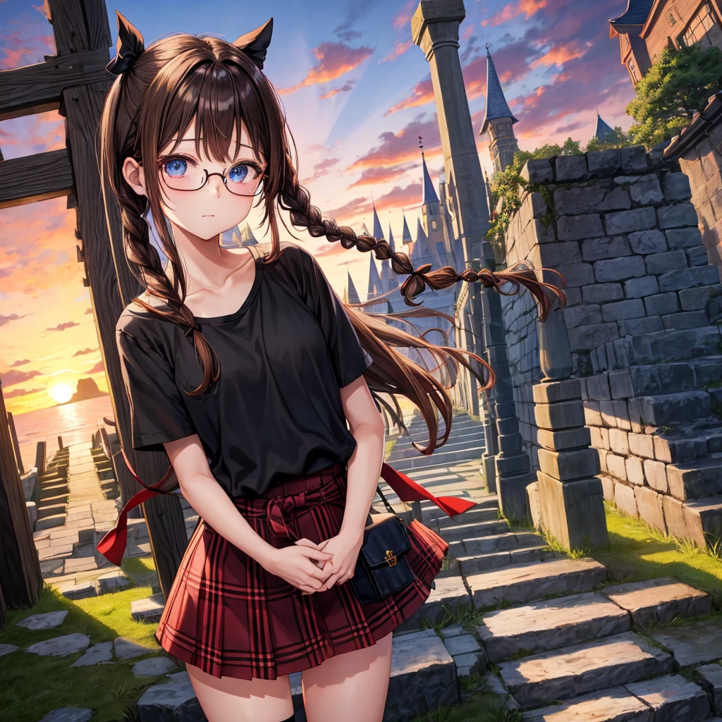 black brown hair、Red-blonde、blue eyes、Braid、one good looking girl、solo、anime、Plaid miniskirt、camisole、black t-shirt、Tilting your face、Doing the ribbon、Ribbon at waist、sunset sky、stone stairs、tunnel、Fallen leaves、wearing glasses、Burning、Light and shadow、maze、balloon、monster castle、lanthanum、corridor、Black socks、mossy stone