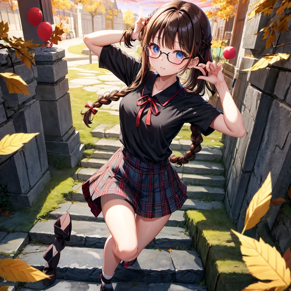 black brown hair、Red-blonde、blue eyes、Braid、one good looking girl、solo、anime、Plaid miniskirt、camisole、black t-shirt、Tilting your face、Doing the ribbon、Ribbon at waist、sunset sky、stone stairs、tunnel、Fallen leaves、wearing glasses、Burning、Light and shadow、maze、balloon、monster castle、lanthanum、corridor、Black socks、mossy stone
