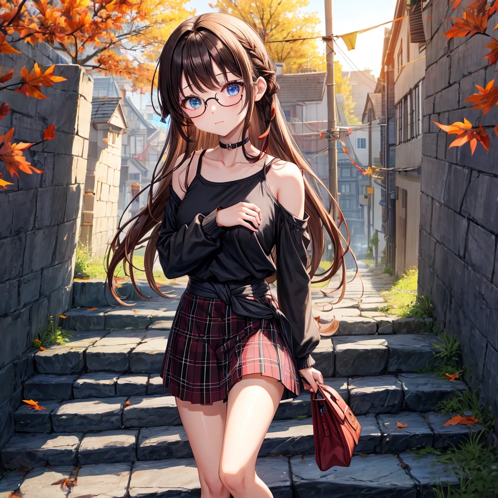 black brown hair、Red-blonde、blue eyes、Braid、one good looking girl、solo、anime、Plaid miniskirt、camisole、black t-shirt、Tilting your face、Doing the ribbon、Ribbon at waist、sunset sky、stone stairs、tunnel、Fallen leaves、wearing glasses、Burning、Light and shadow、maze、balloon、monster castle、lanthanum、corridor、Black socks、mossy stone