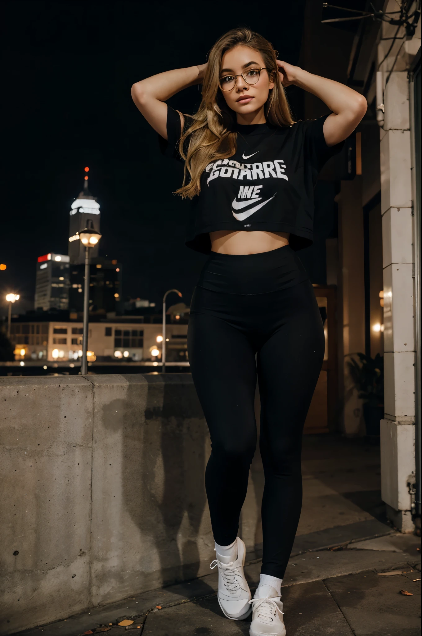 1 woman, clear face, blonde balayage hair, circle glasses, sweatshirt, black seamless leggings, nike socks over leggings, ((socks over leggings/ankles)), converse shoes, night city background, full body portrait, raw photo.