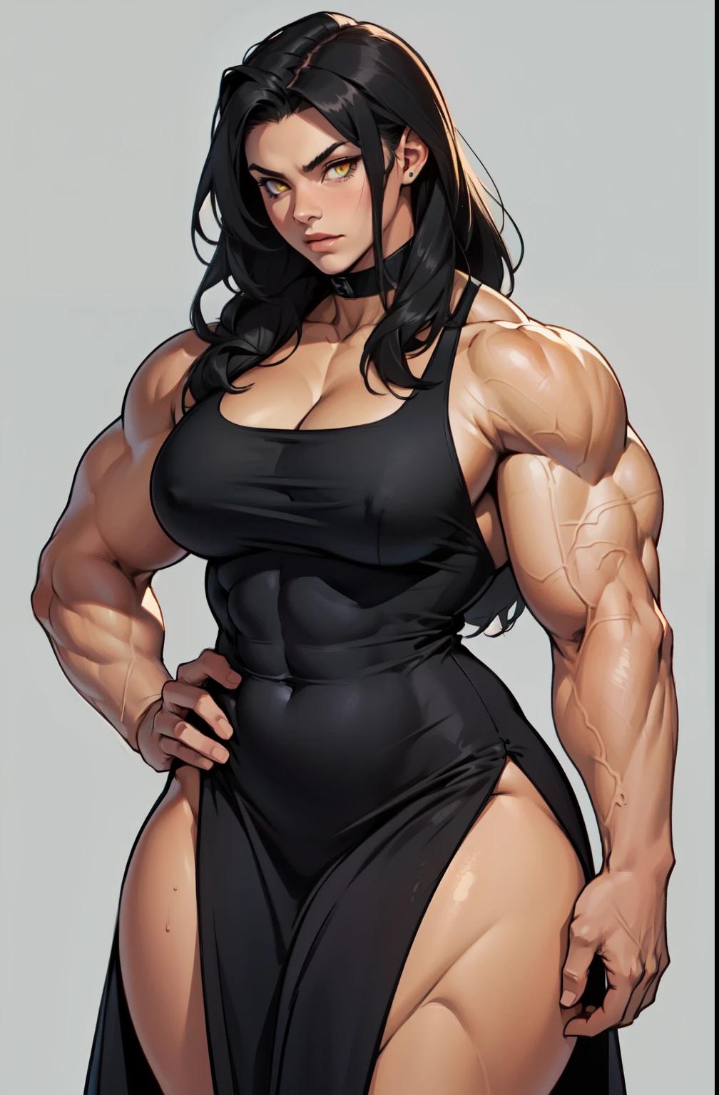 ((((1 girl)))), (((((muscular))))), huge tits, thick thighs, wide hips, curvy very long hair, black hair, yellow eyes, long dress, seductive expression, ((grey background))