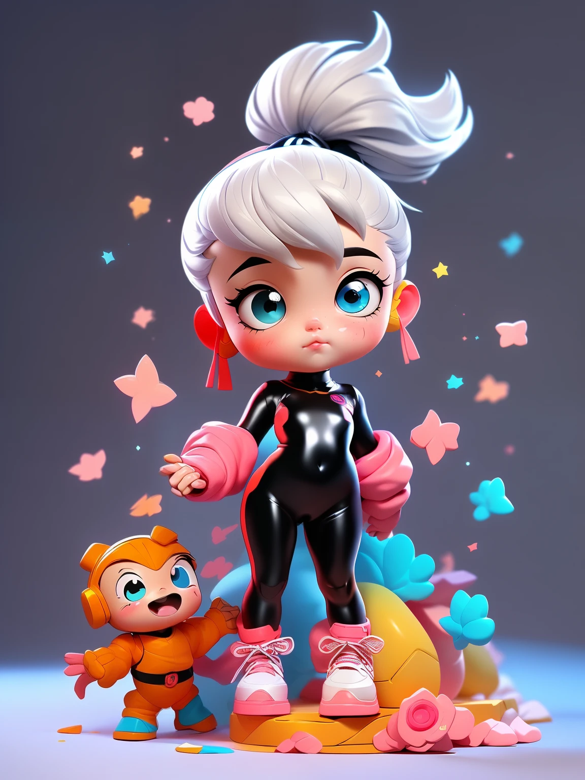 1 cute little girl, POPMART blind box design, white hair, double ponytail, black tights, black jumpsuit, bodysuit, navel, Update, (standing: 1.3), (chaili), boundary, (Hand: 1.4), Mecha jumpsuit, simple background, Large sneakers