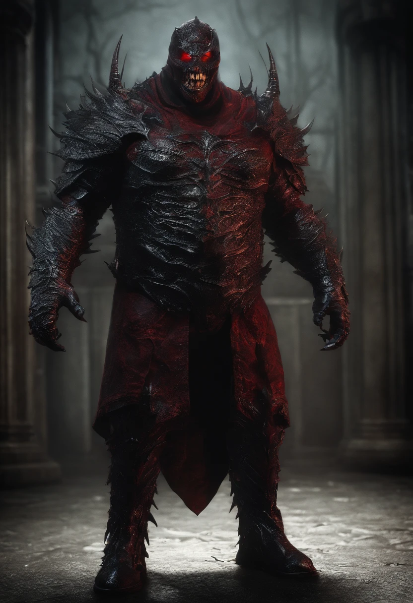 demon male, big fat, (fat), red cape, fullplate armor, tungsten metal armor plates, standing, (sinister smile), by john wilhelm, (best quality, masterpiece, award winning:1.4), (octane render, vivid colours:1.2)