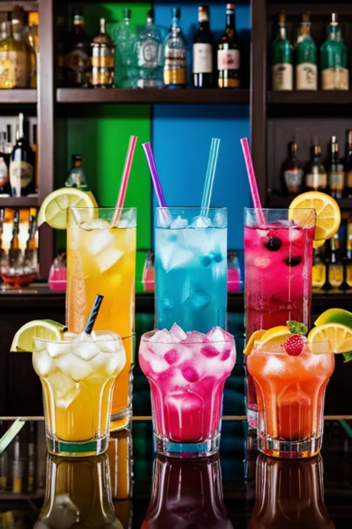 bar table with various colorful drinks