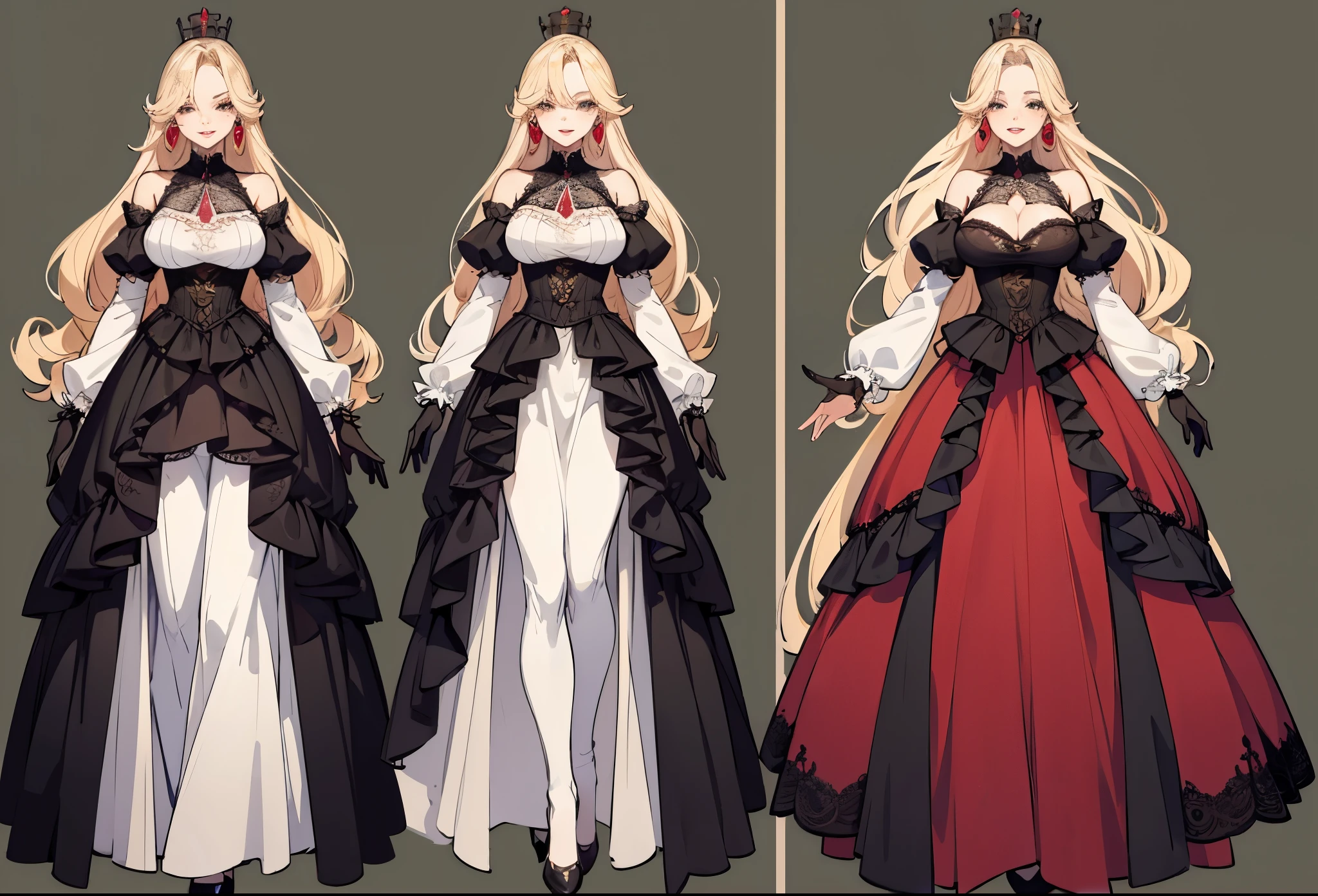 ((masterpiece, top quality)), (detailed face, character sheets, full body, full of details, Multiple poses and expressions, highly detailed, Depth, many parts)((huge breasts)) 1 beautiful mature woman, hair very long blonde with many curls, red lips, black queen costume with very detailed lace, black gloves and stockings with very detailed lace, fantasy crown. ., earrings, seductive smile
