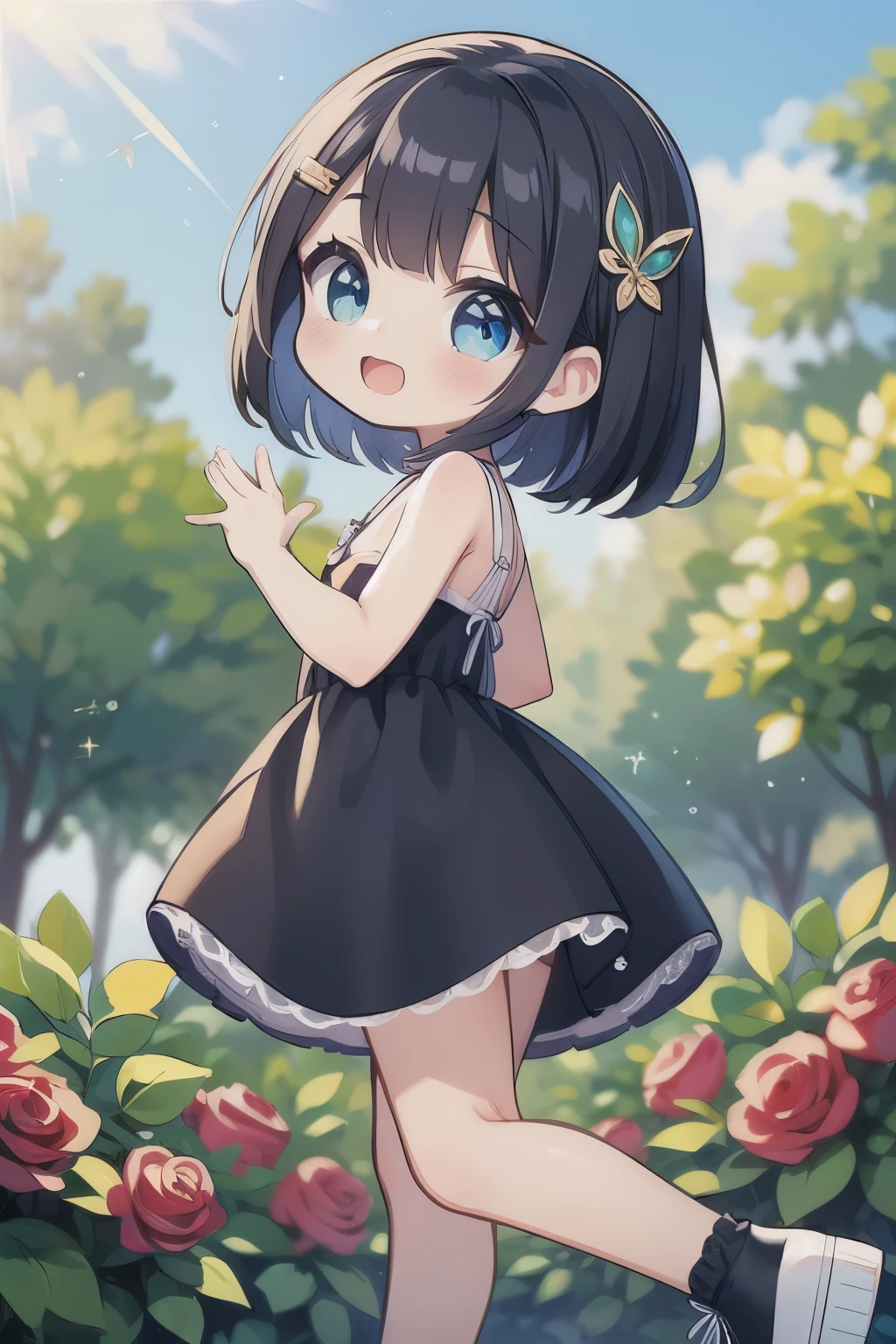 The girl is、neat hair ornament、cute surreal body bien、black hair、(detailed eyes、eyes like jewels、sparkling eyes:1.3)、open mouth smile、blue sky、Cute shoes、garden、sunlight filtering through the foliage、smelling the rose flowers、Taken from the side