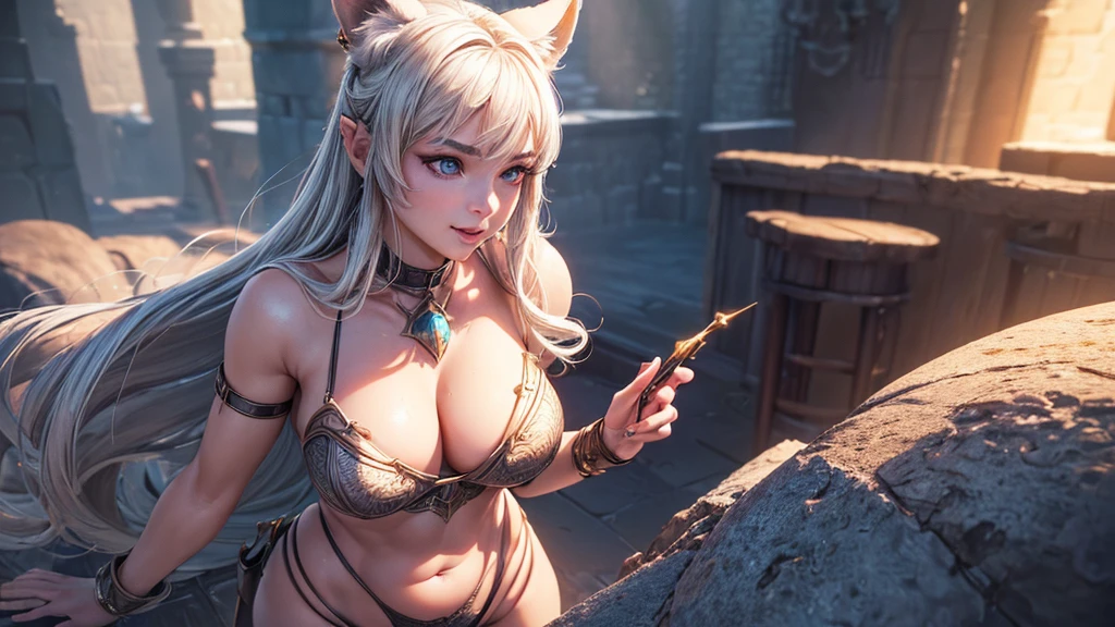 (Cinematic footage, full medium closeup, gorgeous 18-year-old kemonomimi woman soft pale skin, cute and youthful face, well-defined eyebrows, delicate nose, ultra-detailed: 1.1, photo-realistic: 1.4, depth of field, cinematic lighting, IMAX camera, HDR, DTM, Full HD, 8k, flared, medium breasts: 1.5, slim, smile, standing, 8K picture quality, sexy seduction, 4k, 8k, highres, best quality, plump and round lips: 1.4, realistic: 1.37 long, flowing: 1.1 luscious, plump: 1.1 sparkling sequins: 1.1 subtle, 0.9 soft, warm: 1.1 masterpiece: 1.2, realistic: 1.4, photo-realistic: 1.37, ultra-detailed: 1.1 busty animal ears, beautiful, detailed ears: 1.1 best quality, 4k, highres, masterpiece: 1.2 detailed, piercing eyes: 1.1 masterpiece: 1.2 very three-dimensional: 1.2, Unreal Engine 5, octane render), (beautiful ultra-detailed face, eyes, highly detail skin texture, high detailed skin, ultra-detailed body, bright and glowing skin: 1.1)
(Physical Rendering, Professional Lighting, Photon Mapping, Radiosity, Soft Light, Lens Reflection: 1.3), (best shadow), (3D: 0.5, realistic: 0.5, photo-realistic: 1.4), (Sharp focus: 1.5), (beautiful face, perfect face: 1.1), (eye makeup: 1.2), (tight body, fitness body: 1.2), (highest quality), (8k, best quality, masterpiece: 1.4), ((masterpiece, best)), (best illustration), (high detail: 1.1)
,(Masterpiece: 1.37, Dungeons & Dragons Theme: 1.37, Detailed Dungeons & Dragons background: 1.37)