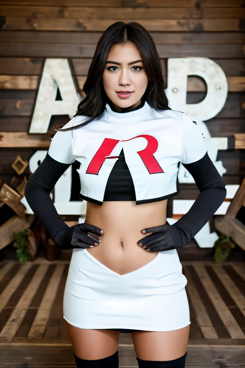 Realistic portrait of a beautiful k4t3upt0n woman wearing team rocket,team rocket uniform,white skirt,red letter R,crop top,black thigh-highs,black elbow gloves,