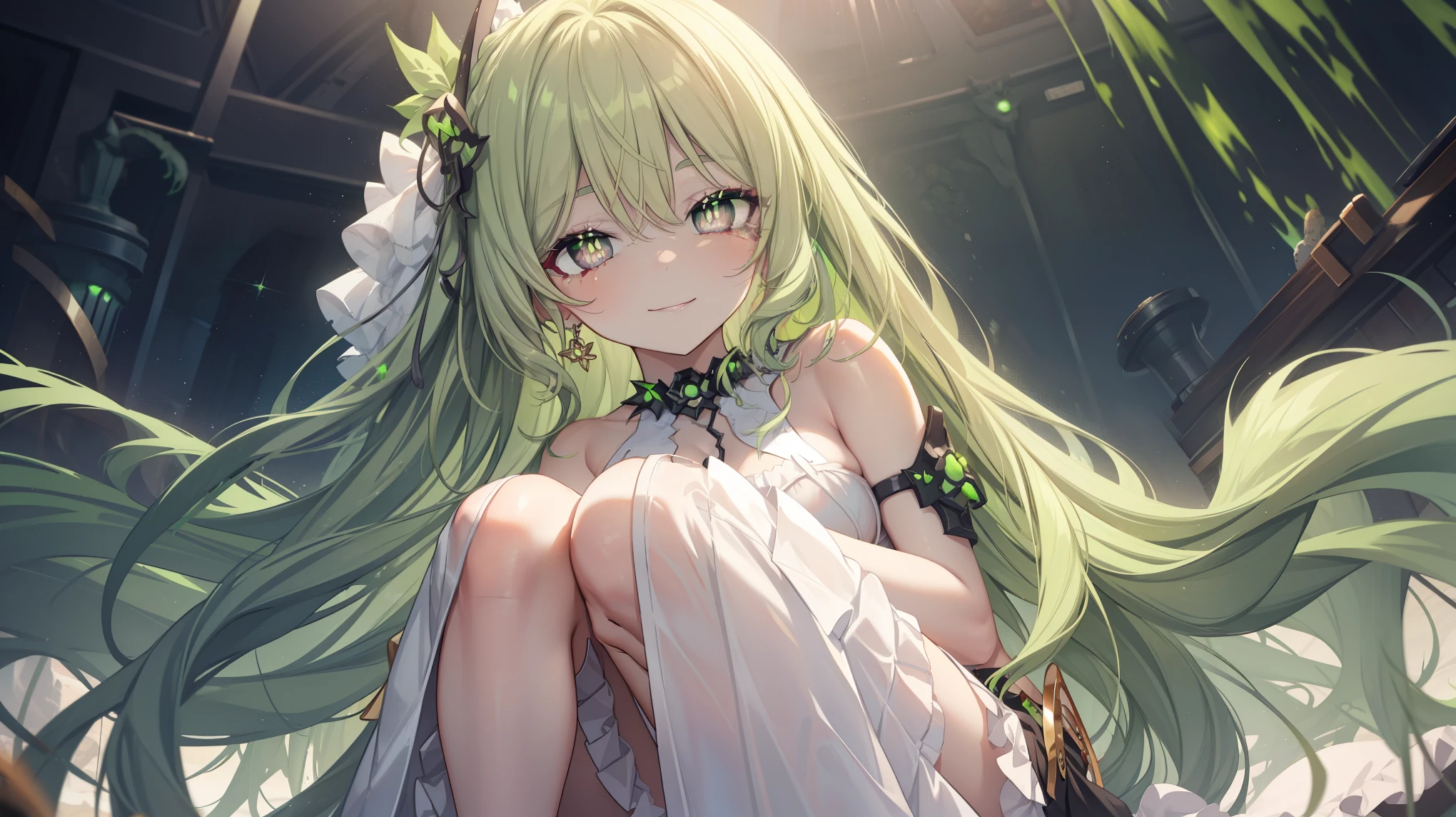 1 girl，Best quality, tmasterpiece, Long green hair, beautiful,detailed eyes, HD, super cute girl, super cute hairstyle, extremely detailed, Visually inspect the audience, The face is slightly red，is shy，adolable，Lori small breasts cleavage，white dresses, skirt, pleated skirt, frills, frilled bra, (solo:1.6), seductive smile, (green eyes with beautiful pupils:1.7), (on her knees:1.5)