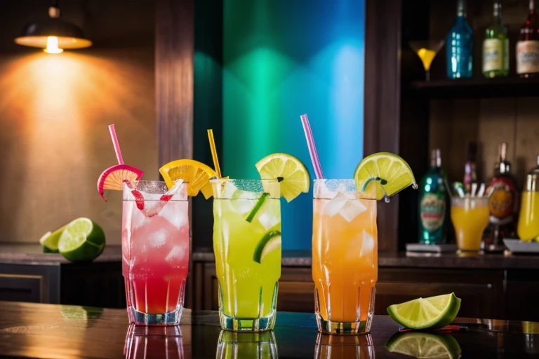 best quality, ultra-detailed, vibrant colors, bar table with various colorful drinks, cocktails, glassware, mixology, tropical fruits, refreshing beverages, exotic flavors, ice-cold, bubbly, garnishes, straws, cocktail umbrellas, bartender, professional, cocktail shaker, martini glass, mojito, margarita, piña colada, caipirinha, cosmopolitan, old fashioned, colorful lighting, lively atmosphere