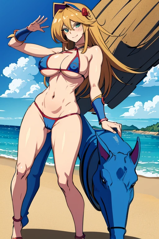 masterpiece, high resolution, best quality, beautiful art, detailed hands, 1 woman, dark magician girl, mature woman, big breasted, cleavage, wearing a Tyris Flare outfit, sexy and skimpy bikini, alluring body, full body, dancing seductively, sexy smirk, looking at the viewer, flirting, beach environment