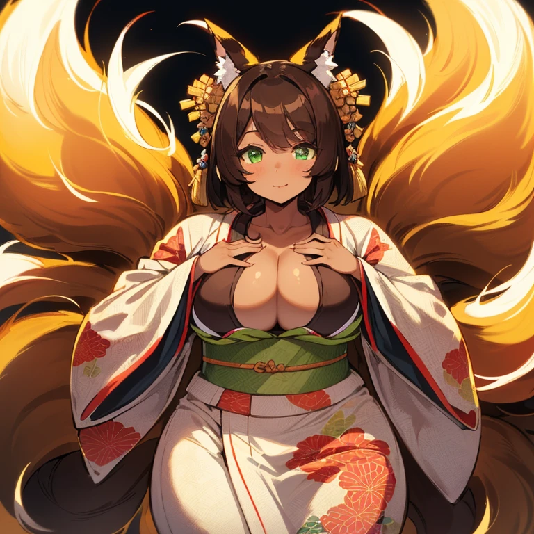 (((I want a Kitsune Woman alone, with brown skin, slightly curvy body and big chest, dark brown hair and lime green eyes, wearing a pretty kimono))), detailed, error-free, 8k, high quality