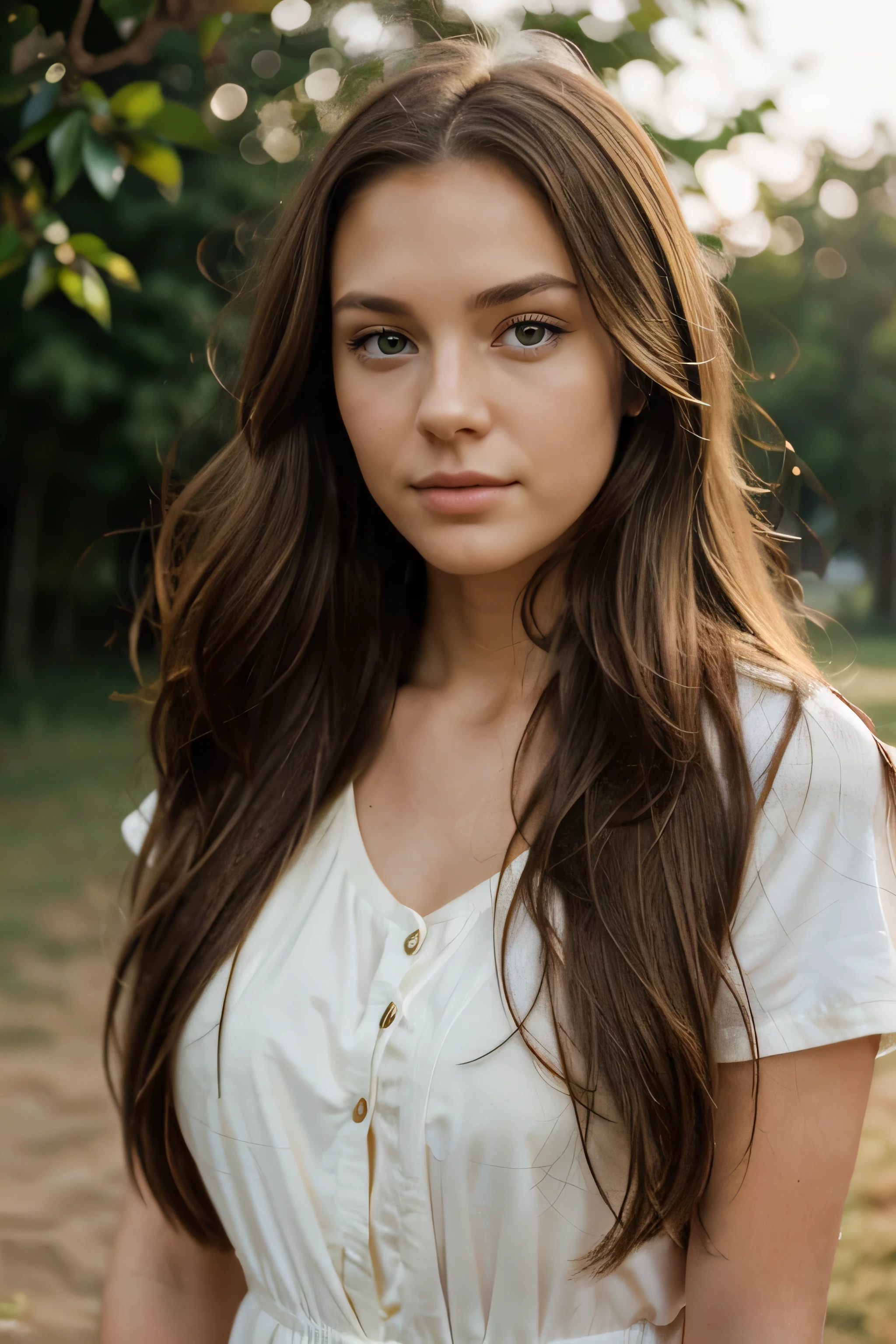 A photorealistic portrait of a 25 year old European girl with long, loose brown hair and green eyes. Ella debe tener un natural, accessible expression and be illuminated by soft, Luz solar de la hora dorada. The background should be a scenic outdoor setting, tal vez un parque iluminado por el sol o una playa. Capture this image with a high-resolution photograph using an 85mm lens for a flattering perspective