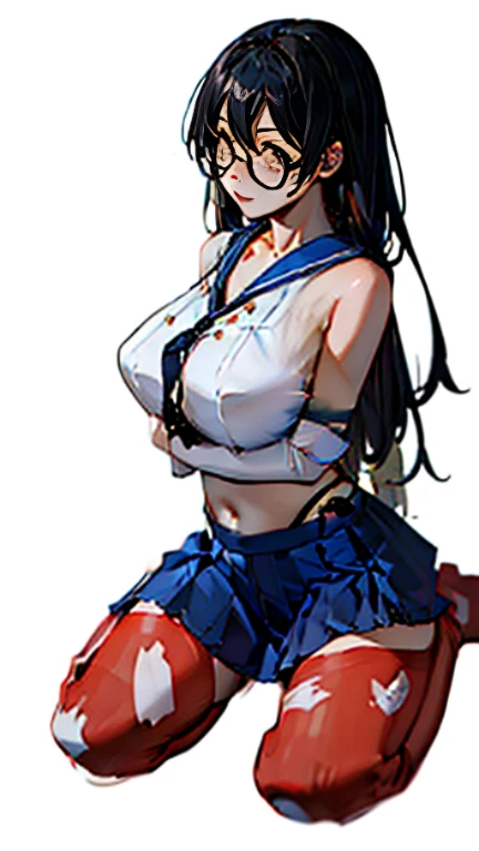 tsubasa hanekawa、Glasses、black hairの、big breasts、 (black hair, brown eyes, round face), big breasts, With ribbon, [full body shot]、wearing a black dog collar,full body shot、Glasses、head to toe shot、Compete for big breasts in the bright sunlight、compressed the chest with a rope.、woman in chains、((masterpiece)), ((highest quality)), (Super detailed), ((cute)), cute, (Lovely), ((very detailed)), 4K, (8K), highest quality, (beautiful), anime style、pink nipples、