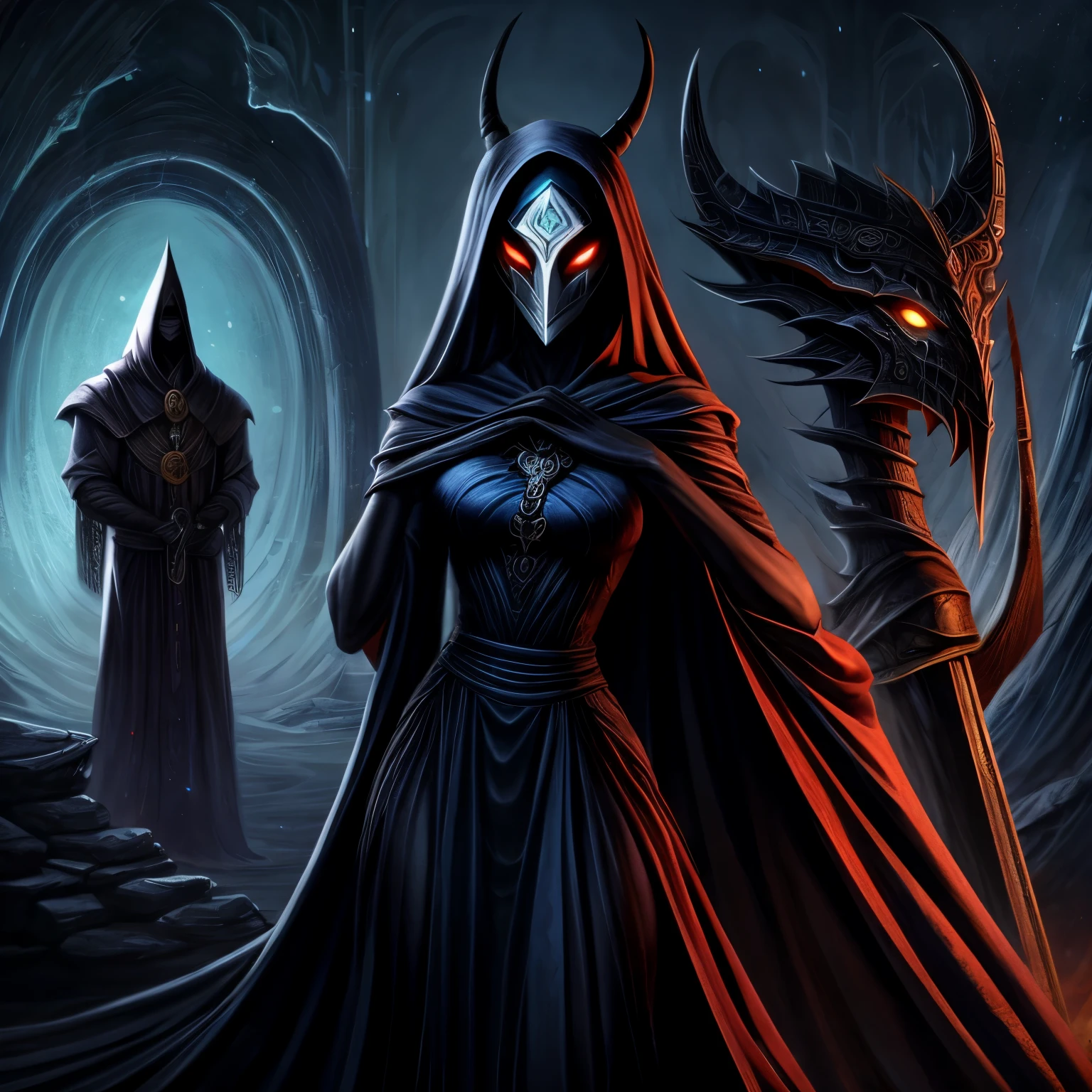1 garota, com pernas finas e longas, long arms, vestido preto, in each hand a war ax , ao fundo um deserto a noite, the girl wears a Chinese ceramic mask covering her face, perigoso, sobrenatural, soul hunter for the devil, morte , Slender Man, fantasia, cabelos longos.