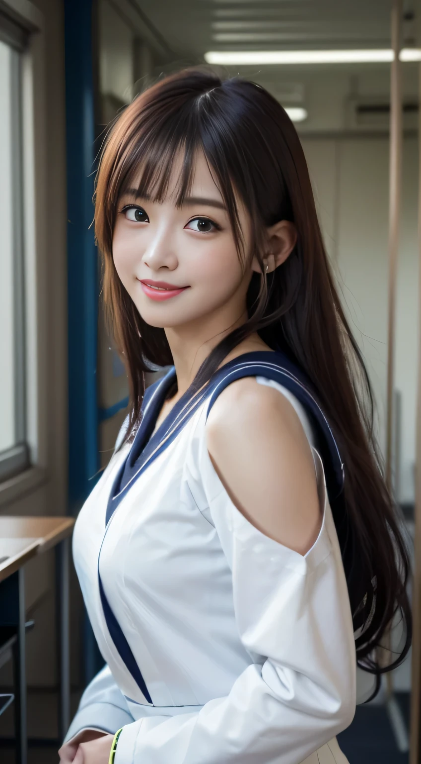 sailor suit、Face Interview, (Photoreal:1.4), (hyper realistic:1.4), (realistic:1.3), (smooth lighting:1.05), (Improve video lighting quality:0.9), 1 female, female, realistic lighting, Backlight, facial light, ray tracing, (cheerfulness:1.2), (Improved image quality:1.4), (Highest quality realistic textured skin), finely tuned, small face, smile, baby face, s, slender body, medium-breasted pointed jaws,,,,,,,,,,,,, Japan idol system, Nogizaka idol, glowing skin, fiery idol pose, P, dull bangs, black hair, hair behind the ear, shoulder hair, long hair,Summer plateau、no makeup、Inside the high school classroom、(sailor suit:1.5)