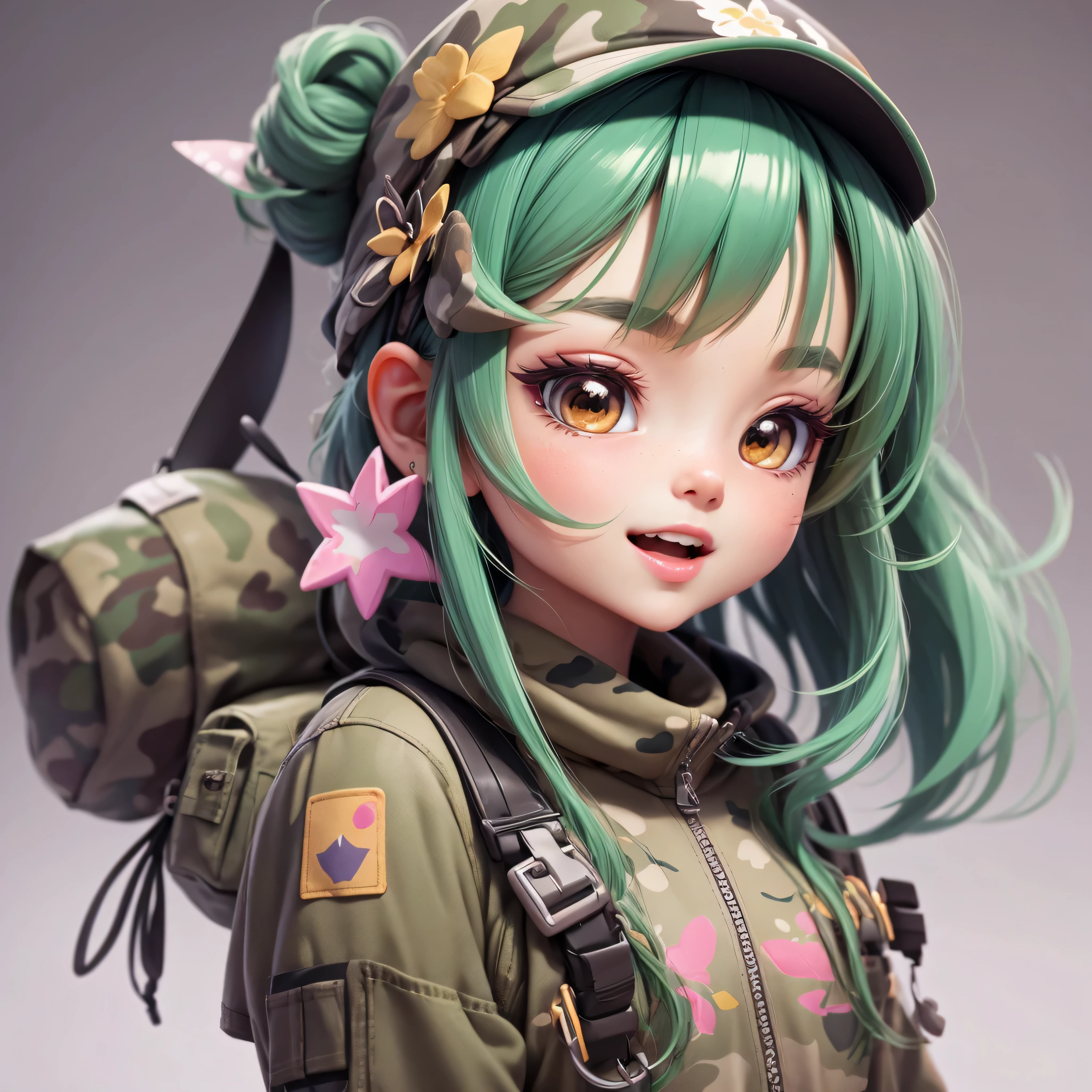 super cute girl,Camouflage pattern、shoulder length、open your mouth and smile、slutty makeup、 whole body, Yume Kawaii Hair Accessories Pop Mart Blind Box, IP design, 3D rendering of a clean and bright background, OC rendering, 8K, soft focus, Fine shiny super detail --ar 3:6 50 --q 2 --niji 5 --style expressive --s 2