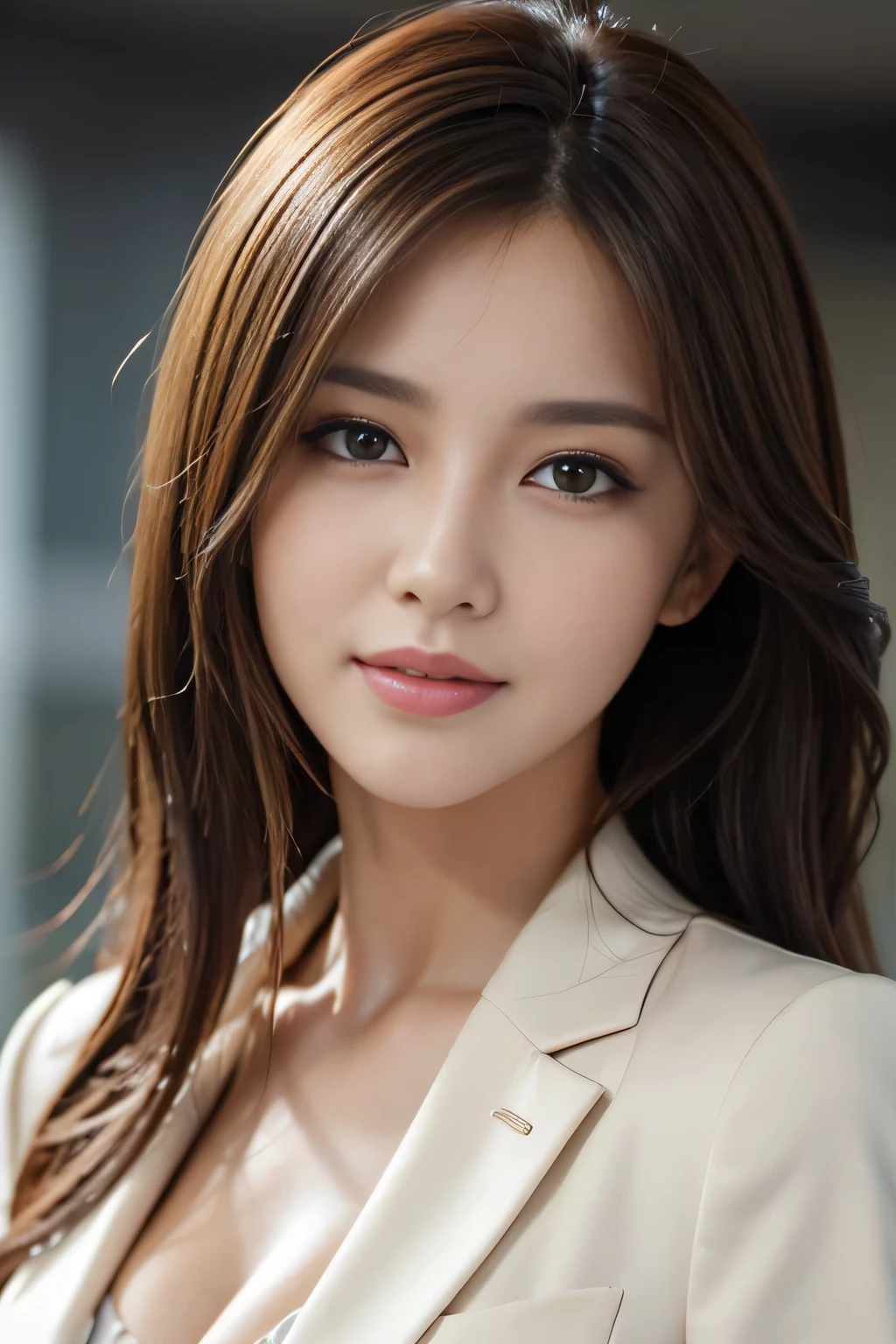 table top, highest quality, realistic, Super detailed, finely, High resolution, 8k wallpaper, 1 beautiful woman,, light brown messy hair, wearing a business suit, sharp focus, perfect dynamic composition, beautiful and detailed eyes, thin hair, Detailed realistic skin texture, smile, close-up portrait, model body shape