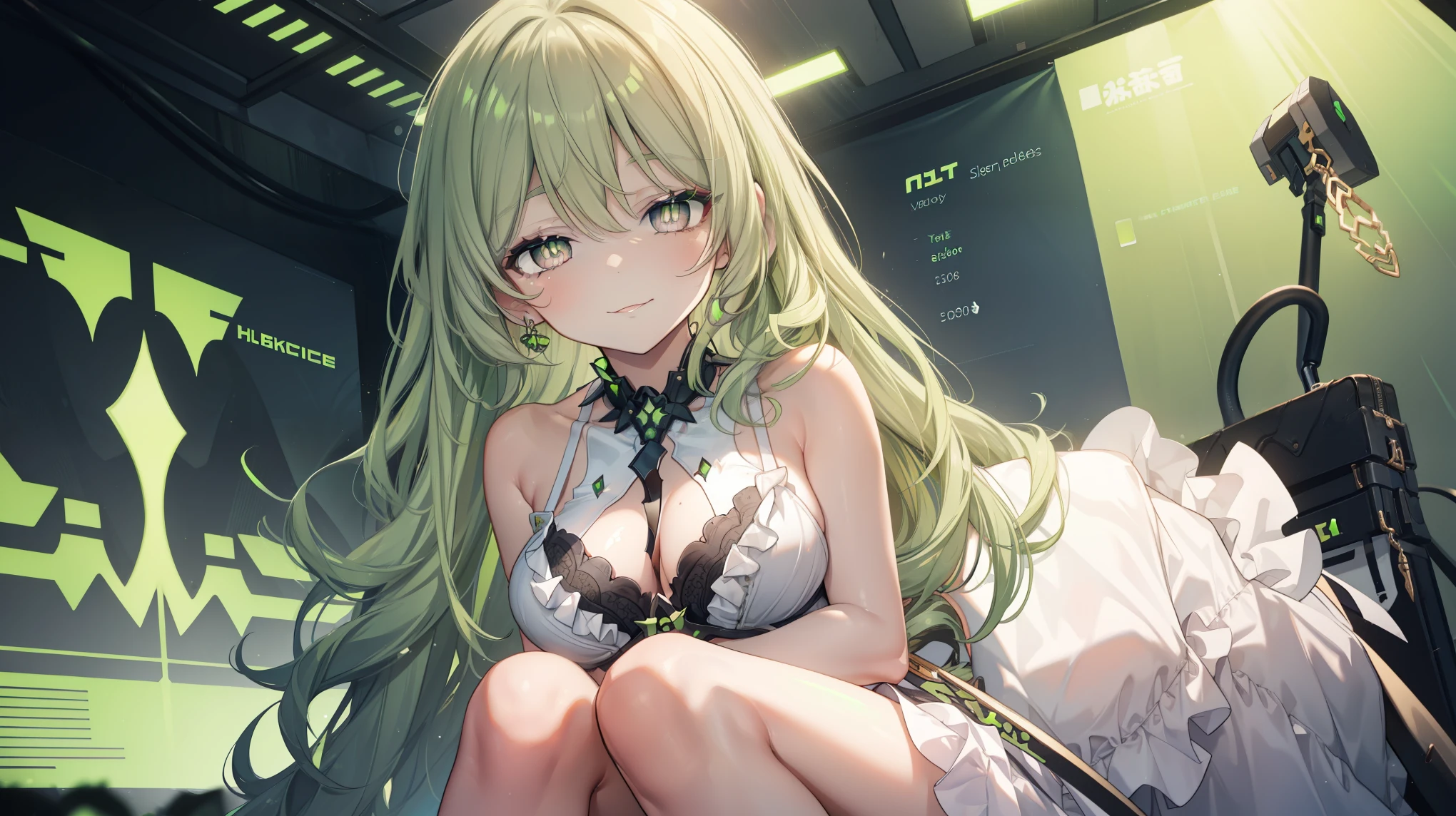1 girl,Best quality, tmasterpiece, Long green hair, beautiful,detailed eyes, HD, super cute girl, super cute hairstyle, extremely detailed, Visually inspect the audience, The face is slightly red,is shy,adolable,Lori small breasts cleavage,white dresses, skirt, pleated skirt, frills, frilled bra, (solo:1.6), seductive smile, (green eyes with beautiful pupils:1.7), (on her knees:1.5)