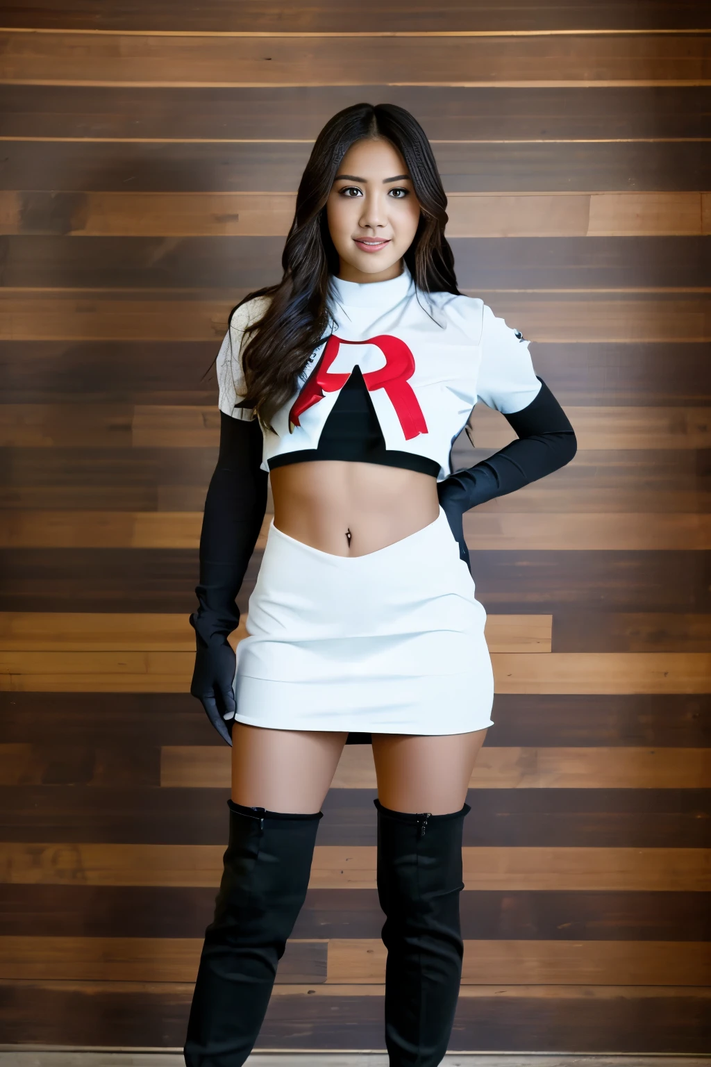 Realistic portrait of a beautiful k4t3upt0n woman wearing team rocket,team rocket uniform,white skirt,red letter R,crop top,black thigh-highs,black elbow gloves,