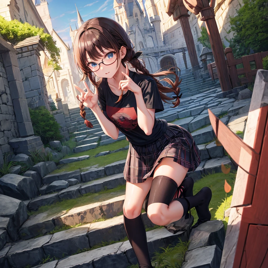 black brown hair、Red-blonde、blue eyes、Braid、one good looking girl、solo、anime、Plaid miniskirt、camisole、black t-shirt、Tilting your face、Doing the ribbon、Ribbon at waist、sunset sky、stone stairs、tunnel、Fallen leaves、wearing glasses、Burning、Light and shadow、maze、balloon、monster castle、lanthanum、corridor、Black socks、mossy stone