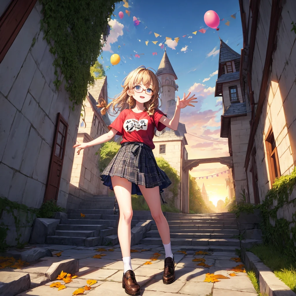 black brown hair、Red-blonde、blue eyes、Braid、one good looking girl、solo、anime、Plaid miniskirt、camisole、black t-shirt、Tilting your face、Doing the ribbon、Ribbon at waist、sunset sky、stone stairs、tunnel、Fallen leaves、wearing glasses、Burning、Light and shadow、maze、balloon、monster castle、lanthanum、corridor、Black socks、mossy stone