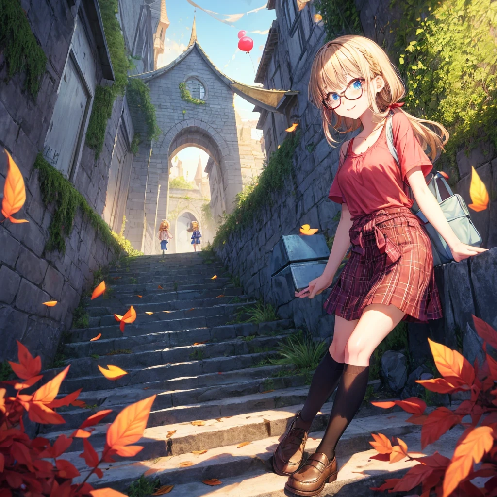 black brown hair、Red-blonde、blue eyes、Braid、one good looking girl、solo、anime、Plaid miniskirt、camisole、black t-shirt、Tilting your face、Doing the ribbon、Ribbon at waist、sunset sky、stone stairs、tunnel、Fallen leaves、wearing glasses、Burning、Light and shadow、maze、balloon、monster castle、lanthanum、corridor、Black socks、mossy stone