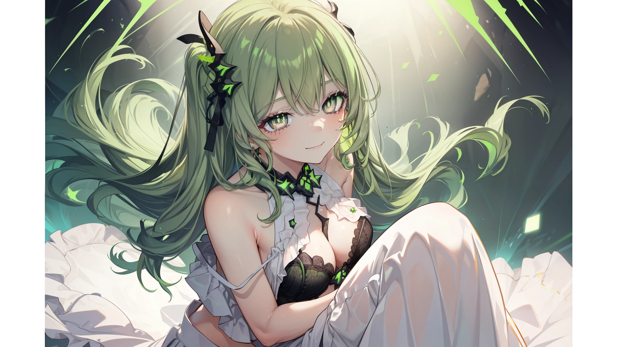 1 girl,Best quality, tmasterpiece, Long green hair, beautiful,detailed eyes, HD, super cute girl, super cute hairstyle, extremely detailed, Visually inspect the audience, The face is slightly red,is shy,adolable,Lori small breasts cleavage,white dresses, skirt, pleated skirt, frills, frilled bra, (solo:1.6), seductive smile, (green eyes with beautiful pupils:1.7), (on her knees:1.5)