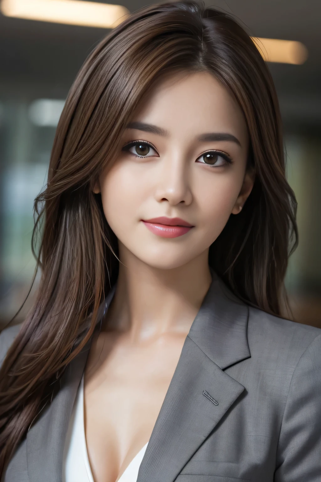 table top, highest quality, realistic, Super detailed, finely, High resolution, 8k wallpaper, 1 beautiful woman,, light brown messy hair, wearing a business suit, sharp focus, perfect dynamic composition, beautiful and detailed eyes, thin hair, Detailed realistic skin texture, smile, close-up portrait, model body shape