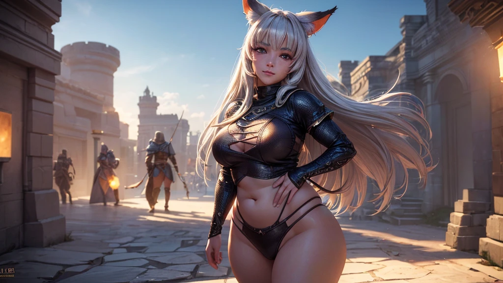 (Cinematic footage, full medium closeup, gorgeous 18-year-old kemonomimi woman soft pale skin, cute and youthful face, well-defined eyebrows, delicate nose, ultra-detailed: 1.1, photo-realistic: 1.4, depth of field, cinematic lighting, IMAX camera, HDR, DTM, Full HD, 8k, flared, medium breasts: 1.5, slim, smile, standing, 8K picture quality, sexy seduction, 4k, 8k, highres, best quality, plump and round lips: 1.4, realistic: 1.37 long, flowing: 1.1 luscious, plump: 1.1 sparkling sequins: 1.1 subtle, 0.9 soft, warm: 1.1 masterpiece: 1.2, realistic: 1.4, photo-realistic: 1.37, ultra-detailed: 1.1 busty animal ears, beautiful, detailed ears: 1.1 best quality, 4k, highres, masterpiece: 1.2 detailed, piercing eyes: 1.1 masterpiece: 1.2 very three-dimensional: 1.2, Unreal Engine 5, octane render), (beautiful ultra-detailed face, eyes, highly detail skin texture, high detailed skin, ultra-detailed body, bright and glowing skin: 1.1)
(Physical Rendering, Professional Lighting, Photon Mapping, Radiosity, Soft Light, Lens Reflection: 1.3), (best shadow), (3D: 0.5, realistic: 0.5, photo-realistic: 1.4), (Sharp focus: 1.5), (beautiful face, perfect face: 1.1), (eye makeup: 1.2), (tight body, fitness body: 1.2), (highest quality), (8k, best quality, masterpiece: 1.4), ((masterpiece, best)), (best illustration), (high detail: 1.1)
,(Masterpiece: 1.37, Dungeons & Dragons Theme: 1.37, Detailed Dungeons & Dragons background: 1.37)