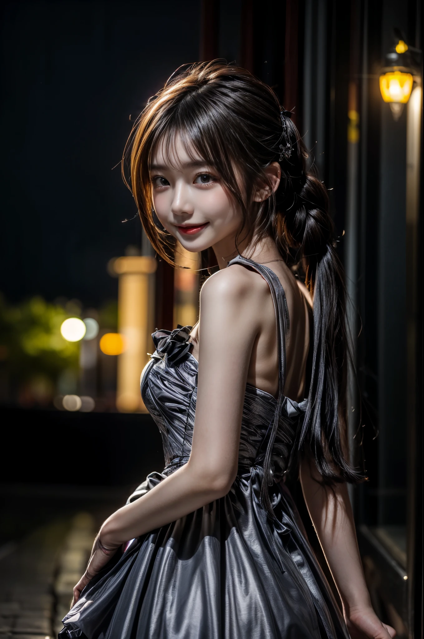 1 girl, very bright backlight, alone, {beautiful and detailed eyes}, big breasts, dazzling moonlight, calm expression, natural soft light, hair blowing in the wind, delicate features, dull bangs, beautiful korean girl, with a smile in your eyes, very small earrings,(wearing a black ta dress:1.3) ,16 ylm grain, real hand,shy smile,sexy pose