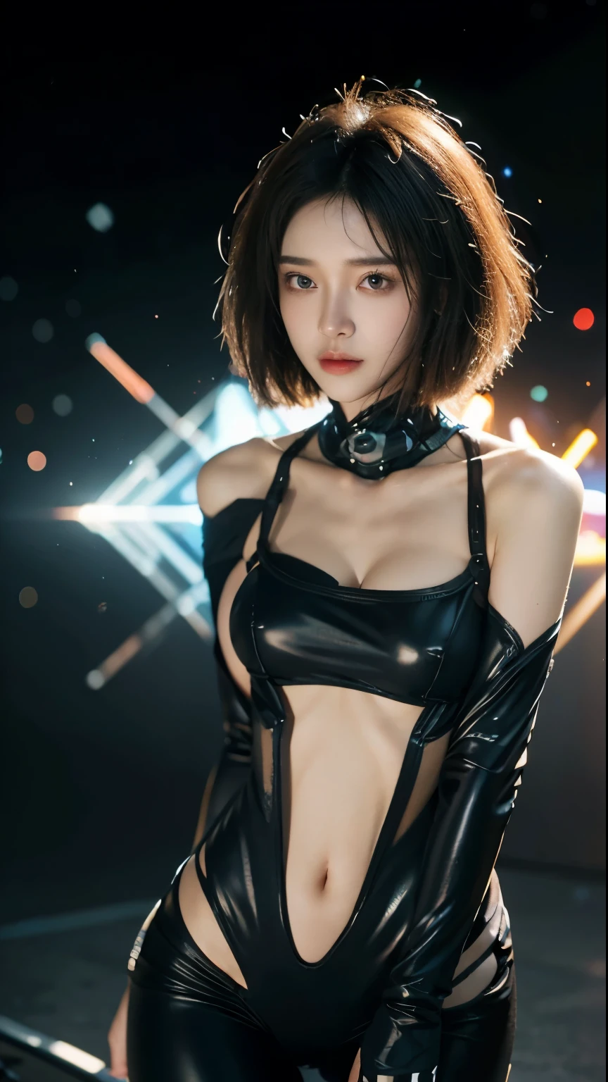 ((highest quality)), ((masterpiece)), (very detailed:1.3), 3D, beautiful (cyber punk:1.3) Female hacker with short brown hair poses for a sexy photo, (sexy cyber suit:1.4) (Thin material that fits perfectly to your body:1.6) computer servers, LCD Screen, fiber optic cable, HDR (high dynamic range), ray tracing, NVIDIA RTX, super resolution, unreal 5, Scattered beneath the surface, PBR texturing, Post-processing, anisotropic filtering, Depth of bounds written, maximum clarity and sharpness, multilayer texture, Albedo and specular maps, surface shading, Accurate simulation of light-matter interactions, (perfect proportions:1.3), octane rendering, two-tone lighting, Low ISO, White balance, Rule of thirds, wide caliber, 8K students, efficient subpixel, subpixel convolution, luminescent particles