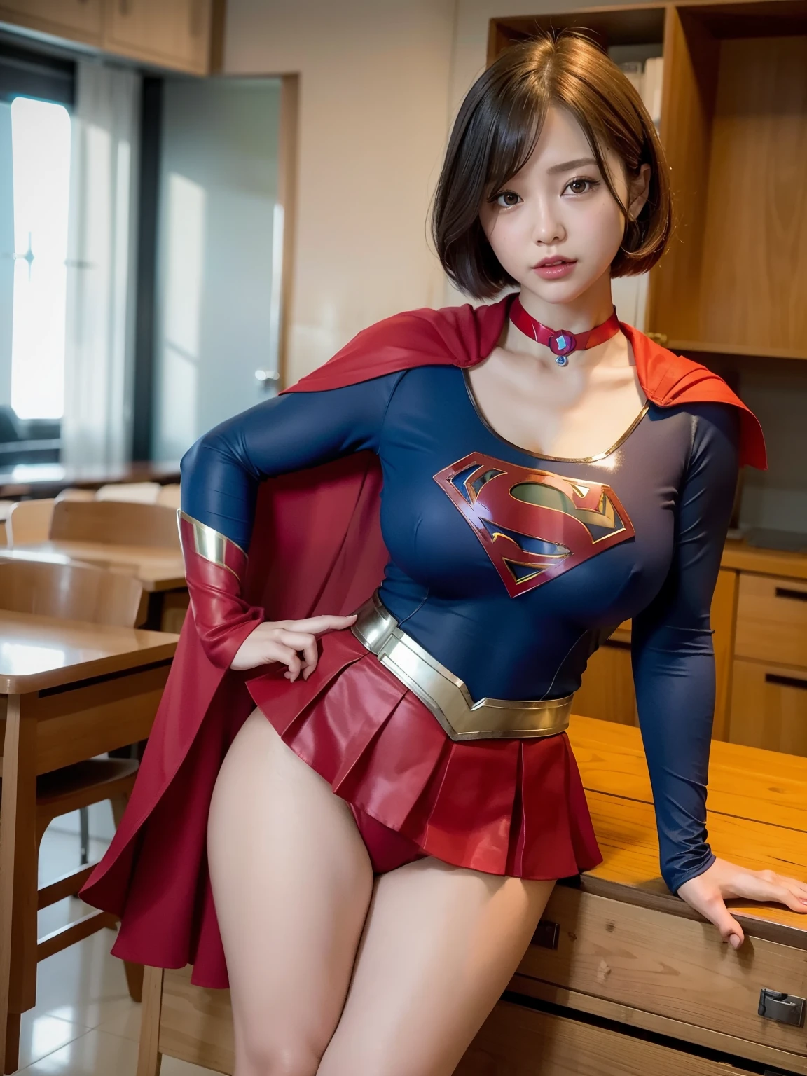 masterpiece、Supergirl costumes、short hair、barefoot、big and full breasts、Research room、operating table、straddle、Tattered、shiny、look at the camera、Seduce、choker、long sleeve、red mini skirt、Cowgirl