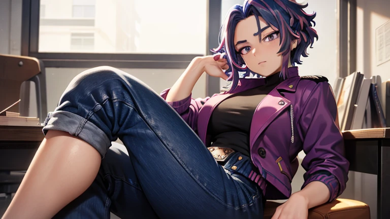 best quality, ultra-detailed, anime picture, game cg, art cg, photorealistic, movie lighting, perfect shadow, realistic lighting shaded), Boku no hero academia, lady nagant, short hair, multicolored hair, blue hair, purple hair, purple eyes, red jacket with ruffles, baggy blue pant, bare legs, blue slippers, drawing, drawing, looking at the drawing on the drawing table, study room, nice hands perfect hands, boku no hero academia, lady nagant 
mech, dimension, blue hair, blue color hair, pink gradient in hair, pink spiked hair, black leather jacket, loose face, voluptuous body, showing thighs