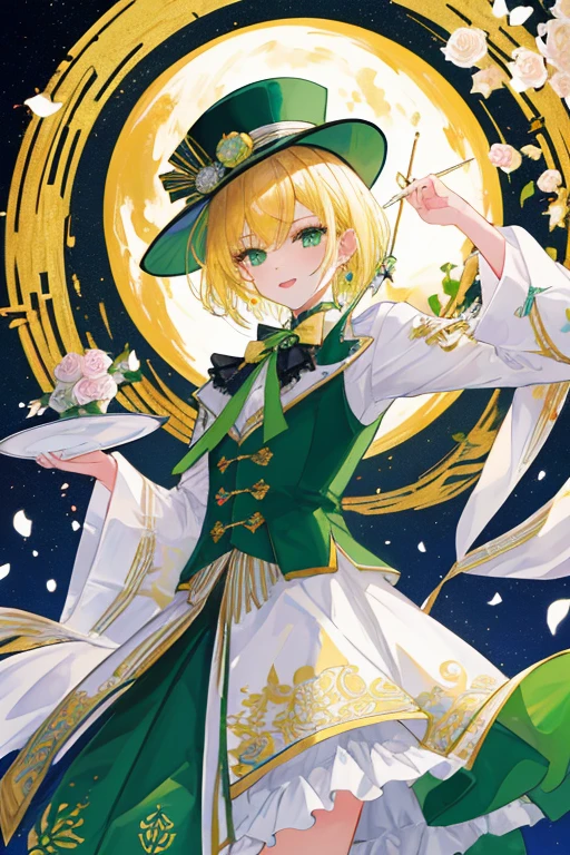 ((masterpiece:1.4,best quality))++,(Ultra-detailed)+,(best quality,Ultra-detailed,bright colors,colorful,dynamic角度,high contrast:1.2),A ager,male,Height approx. 168cm,blonde short hair,green eyes,Wearing a black magic hat,Decorated with white roses and green ribbons,magician服饰,There are some patterns under the eyes for decoration。European style,circus,magician,delicate face,Exquisite facial features,(from below:0.5), Fashion, Energetic, clothing, pose, front, colorful, dynamic, background, element, confidence, Express, statement, Accessories, majestic, coil, around, Scenes, cover, Bold, striking, Fashion, font, catchy, striking, modern, Fashion, focus, Fashion,night,moon,stage,Performance,声势浩大的Scenes,light