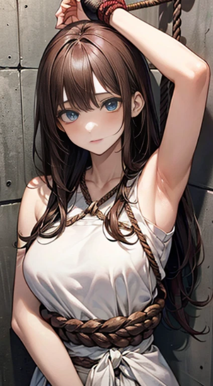 ((masterpiece)), ((best quality)), (ultra-detailed), NSFW, (underground),((both hands attached to the wall)),((tied to a wall)),(((rope strongly bound waist))),a cute girl, 1girl, solo, (white mini tanktopdress),(both wrists tied above the head),((thin waist)),large breast, slim, slender, ((bdsm)),beautiful brown hair, beautiful blue eyes, (beautiful eyes), long hair,troubled expressio