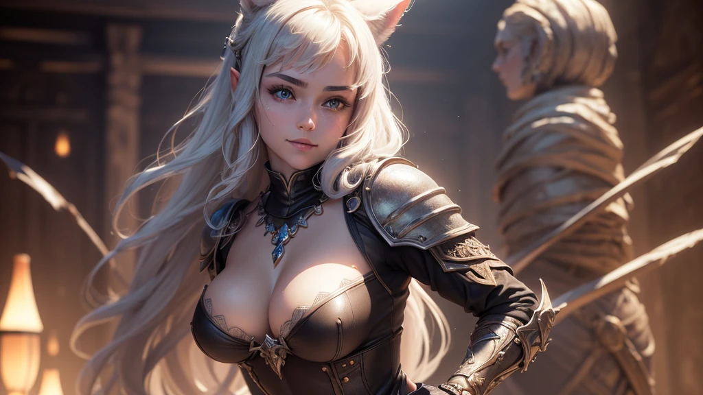 (Cinematic footage, full medium closeup, gorgeous 18-year-old kemonomimi woman soft pale skin, cute and youthful face, well-defined eyebrows, delicate nose, ultra-detailed: 1.1, photo-realistic: 1.4, depth of field, cinematic lighting, IMAX camera, HDR, DTM, Full HD, 8k, flared, medium breasts: 1.5, slim, smile, standing, 8K picture quality, sexy seduction, 4k, 8k, highres, best quality, plump and round lips: 1.4, realistic: 1.37 long, flowing: 1.1 luscious, plump: 1.1 sparkling sequins: 1.1 subtle, 0.9 soft, warm: 1.1 masterpiece: 1.2, realistic: 1.4, photo-realistic: 1.37, ultra-detailed: 1.1 busty animal ears, beautiful, detailed ears: 1.1 best quality, 4k, highres, masterpiece: 1.2 detailed, piercing eyes: 1.1 masterpiece: 1.2 very three-dimensional: 1.2, Unreal Engine 5, octane render), (beautiful ultra-detailed face, eyes, highly detail skin texture, high detailed skin, ultra-detailed body, bright and glowing skin: 1.1)
(Physical Rendering, Professional Lighting, Photon Mapping, Radiosity, Soft Light, Lens Reflection: 1.3), (best shadow), (3D: 0.5, realistic: 0.5, photo-realistic: 1.4), (Sharp focus: 1.5), (beautiful face, perfect face: 1.1), (eye makeup: 1.2), (tight body, fitness body: 1.2), (highest quality), (8k, best quality, masterpiece: 1.4), ((masterpiece, best)), (best illustration), (high detail: 1.1)
,(Masterpiece: 1.37, Dungeons & Dragons Theme: 1.37, Detailed Dungeons & Dragons background: 1.37)