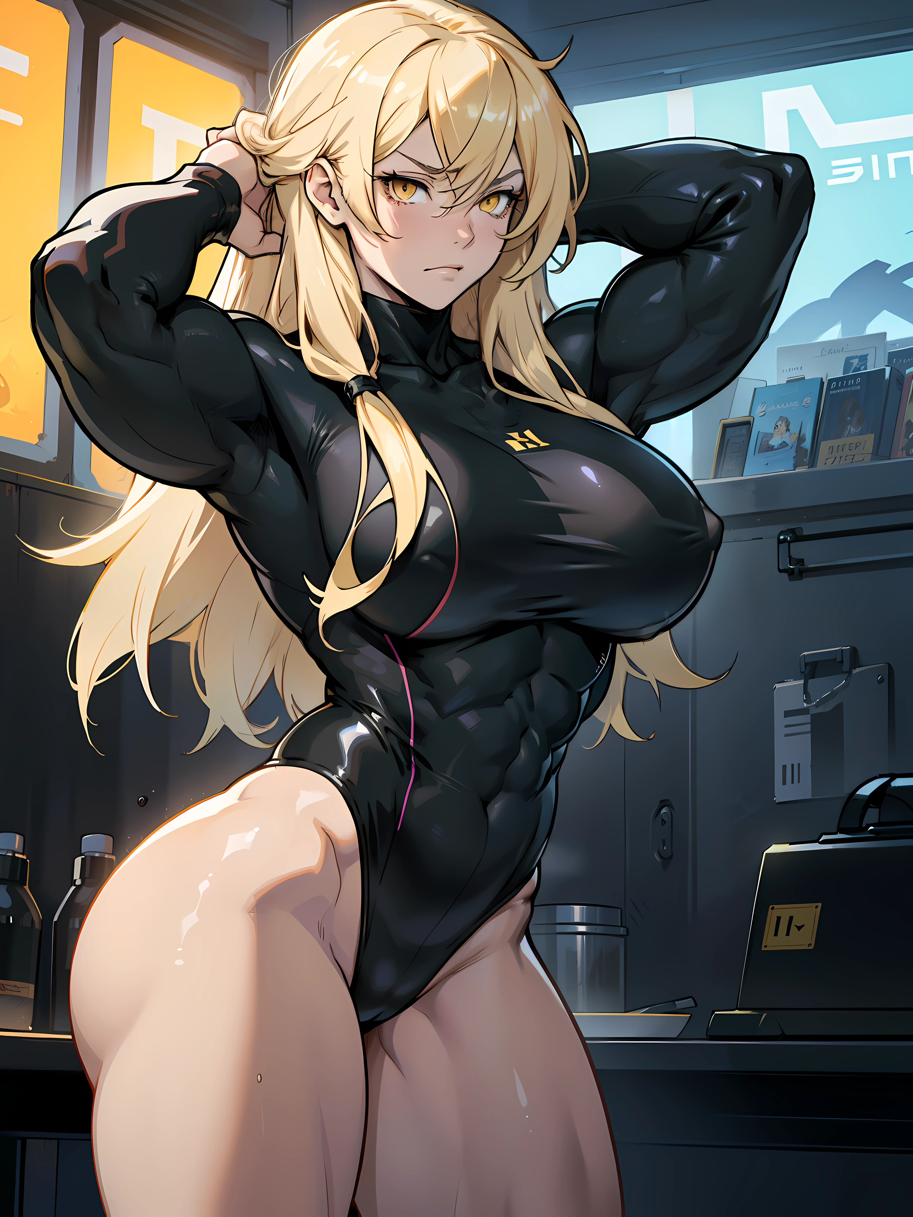 girl muscles huge breasts black long hair yellow eyes pale skin thick toned body muscular long sleeve leotard solo solo sad sad muscular muscular