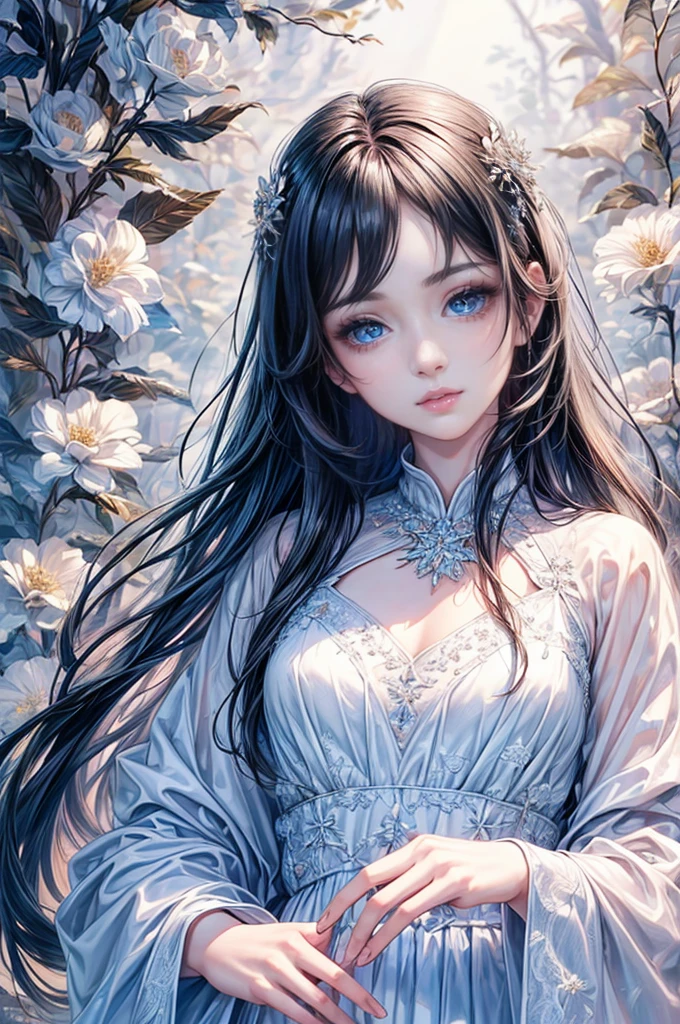 "(best quality,8 thousand,CG),Detailed upper body,Lonely Girl,floral dress,Forest Background,Detailed facial features,elegant black long hair,almond blue eyes,Detailed eye makeup,long fluttering eyelashes,blinking eyes,glinting stars,Intricate lip detail,Soft and harmonious style"