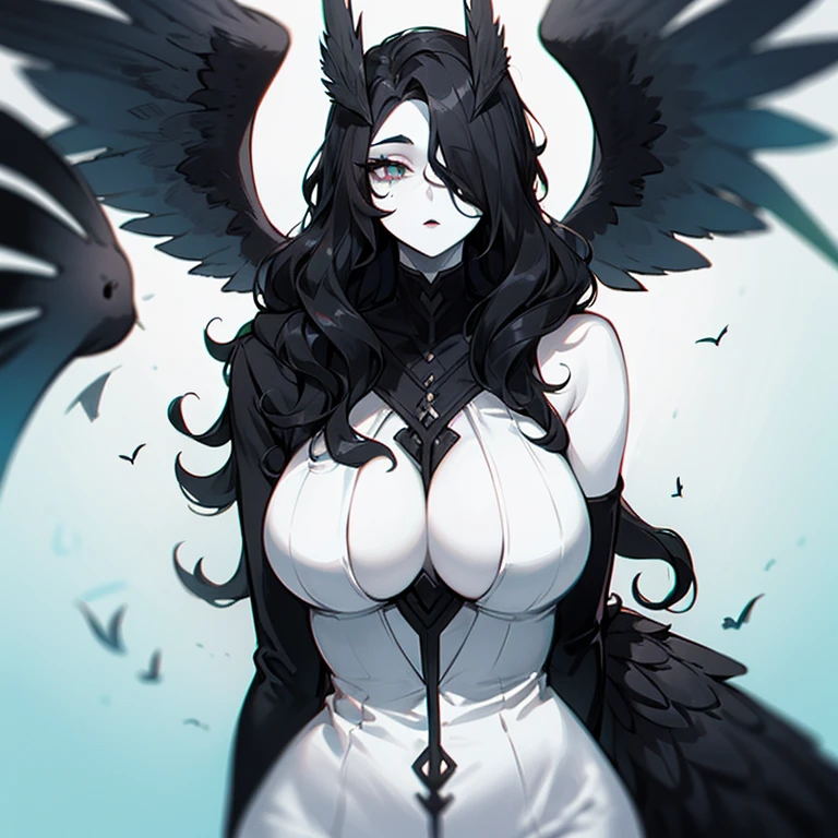 (((Alone))),(((Bird Woman))),(((Pale Skin))),(((Black wavy hair))), Heterogromy,(right eye green, left eye blue),(Body slight curvy),((wearing nice clothes))