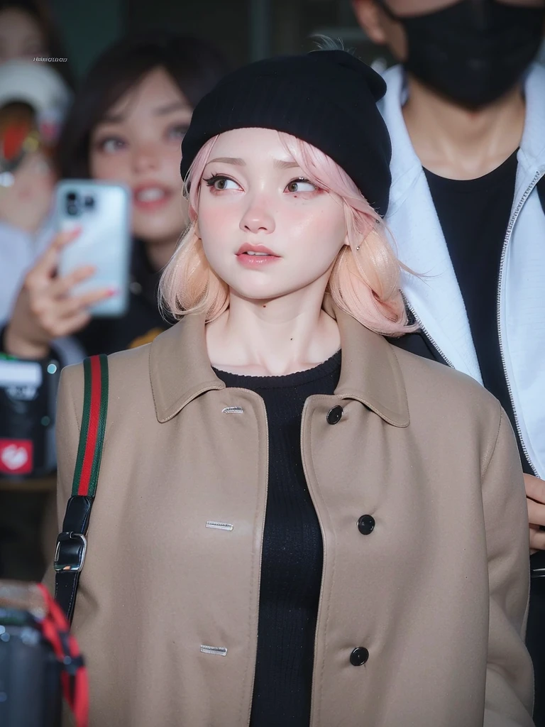 araffed woman with pink hair and a black hat and a beige jacket, sun yunjoo, she has blond hair, she has a cute face, her face looks like an orchid, jia, pale fair skin!!, her hair is white, pale hair, jossi of blackpink, jaeyeon nam, kim doyoung, sha xi, bae suzy