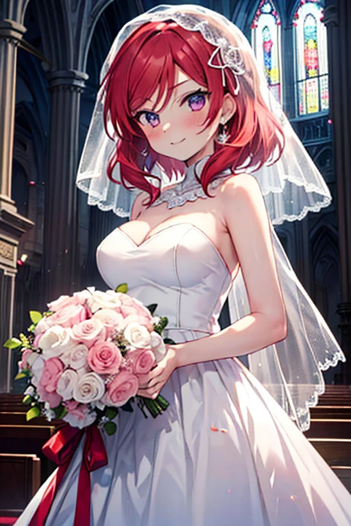 highest quality, masterpiece, High resolution, alone, {Mahime Nishikino lovelive:1.15}, Red hair, Purple eye, blush, short hair, smile, 1 girl, _viewer,Wedding dress,veil,bouquet,church,chapel,