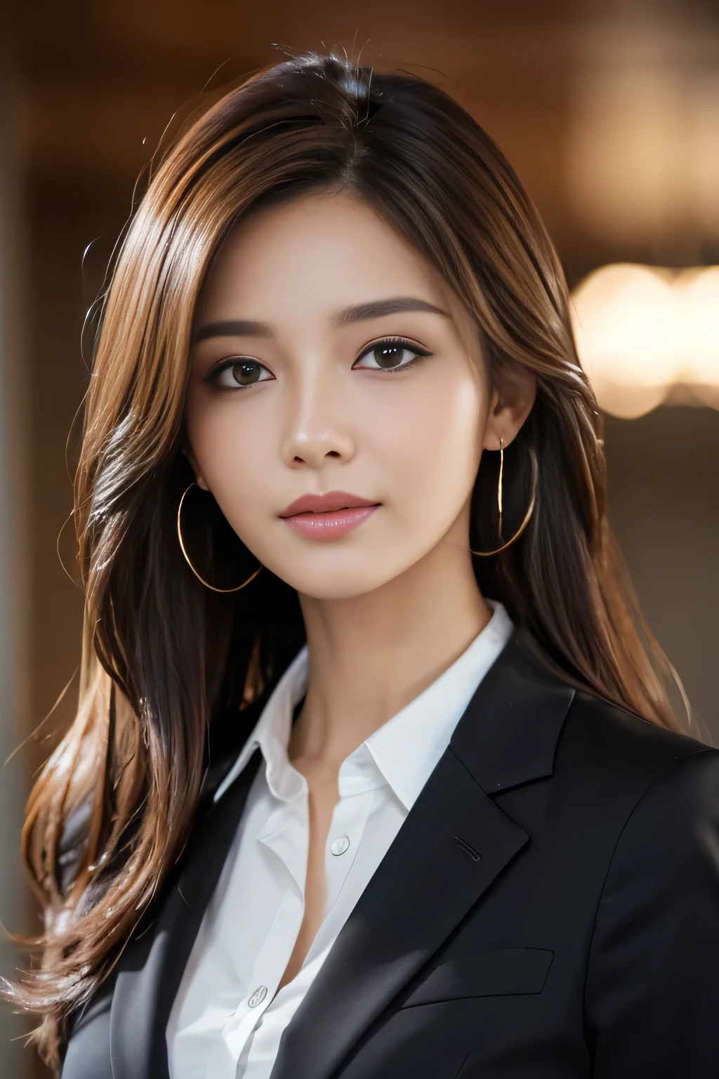 table top, highest quality, realistic, Super detailed, finely, High resolution, 8k wallpaper, 1 beautiful woman,, light brown messy hair, wearing a business suit, sharp focus, perfect dynamic composition, beautiful and detailed eyes, thin hair, Detailed realistic skin texture, smile, close-up portrait, model body shape