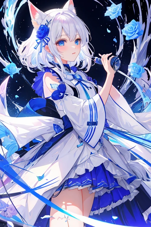((masterpiece:1.4,best quality))++,(Ultra-detailed)+,(best quality,Ultra-detailed,bright colors,colorful,dynamic角度,high contrast:1.2),A ager,boys,Height approx. 165cm,long white hair,Braided,blue eyes,Wearing a black magic hat,With white fox ears(hanging ears)and tail,Decorated with blue roses and white ribbons,Magician costume。delicate face,Exquisite facial features,(from below:0.5), Fashion, Energetic, clothing, pose, front, colorful, dynamic, background, element, confidence, Express, statement, Accessories, majestic, coil, around, Scenes, cover, Bold, striking, Fashion, font, catchy, striking, modern, Fashion, focus, Fashion,night,moon,stage,Performance,声势浩大的Scenes,light