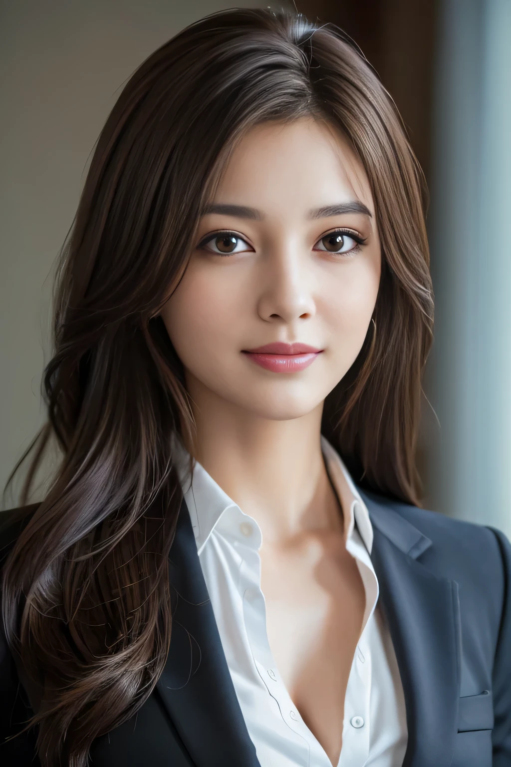 table top, highest quality, realistic, Super detailed, finely, High resolution, 8k wallpaper, 1 beautiful woman,, light brown messy hair, wearing a business suit, sharp focus, perfect dynamic composition, beautiful and detailed eyes, thin hair, Detailed realistic skin texture, smile, close-up portrait, model body shape